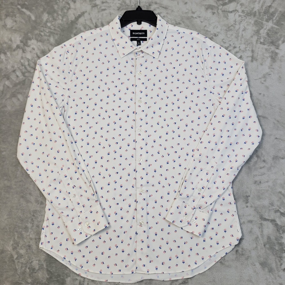Bonobos Shirt Mens Large White Blue Pink Floral Slim Fit Button Up Casual